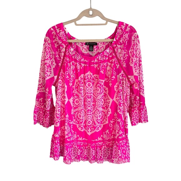 INC International Concepts Tops - INC Blouse XL SWEET MEADOW Henna Emblem Ruffled Pullover 3/4 Sleeves Top Pink//